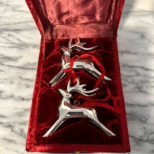 Silver Reindeer Ornaments with Red velvet box set of 2